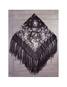 Batic traditional negru cu flori gri si franjuri 2