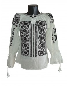 ie traditionala cu maneca lunga alba cu broderie neagra disponibila in marimi de la s la 3xl