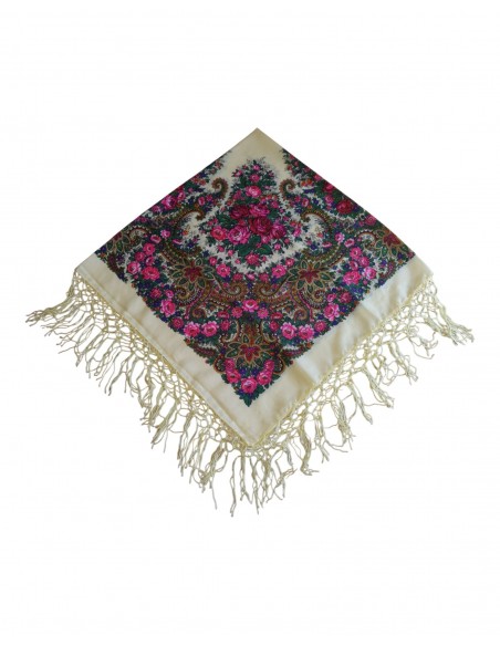 Batic tradițional crem cu flori și ciucuri decorativi – 120x120 cm