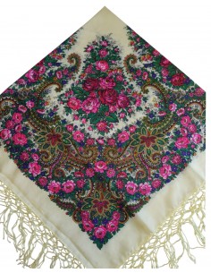 Batic tradițional crem cu flori și ciucuri decorativi – 120x120 cm 2