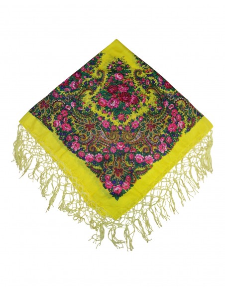 Batic tradițional galben cu flori și ciucuri decorativi – 120x120 cm
