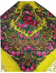 Batic tradițional galben cu flori și ciucuri decorativi – 120x120 cm 2