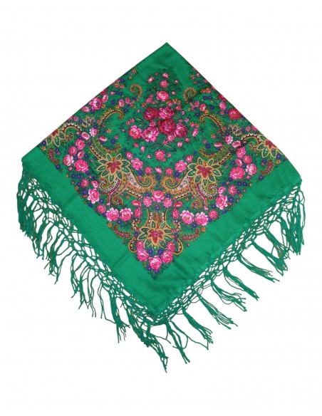 Batic tradițional verde cu flori și ciucuri decorativi – 120x120 cm