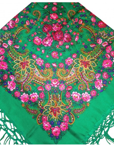 Batic tradițional verde cu flori și ciucuri decorativi – 120x120 cm