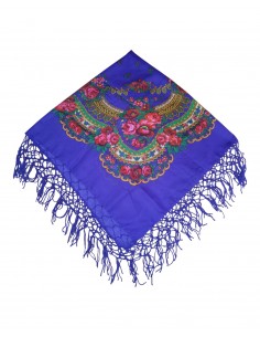 Batic tradițional albastru cu flori și ciucuri decorativi – 120x120 cm