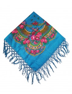 Batic tradițional bleu-albastru cu flori și ciucuri decorativi – 120x120 cm
