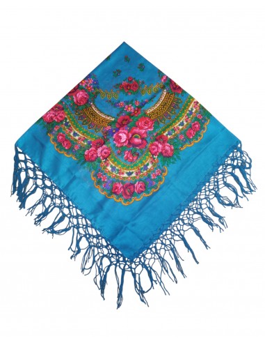 Batic tradițional bleu-albastru cu flori și ciucuri decorativi – 120x120 cm