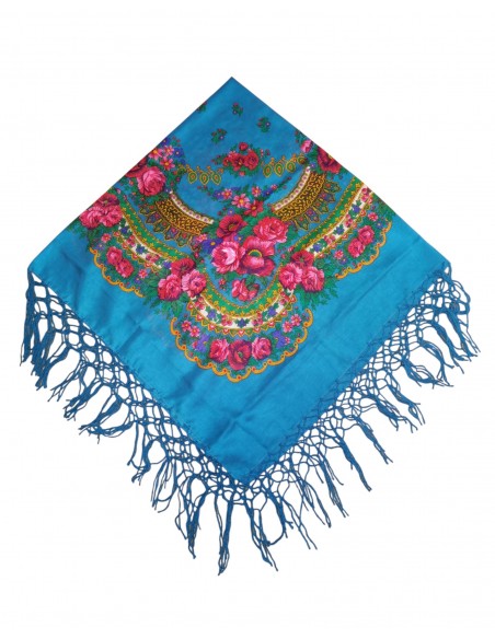 Batic tradițional bleu-albastru cu flori și ciucuri decorativi – 120x120 cm