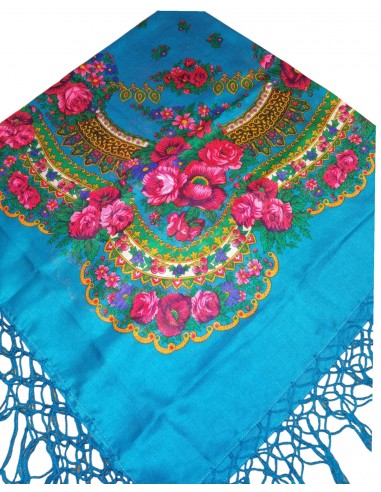 Batic tradițional bleu-albastru cu flori și ciucuri decorativi – 120x120 cm