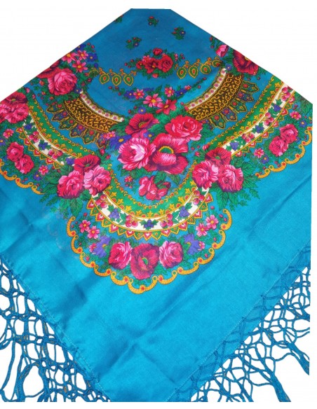 Batic tradițional bleu-albastru cu flori și ciucuri decorativi – 120x120 cm