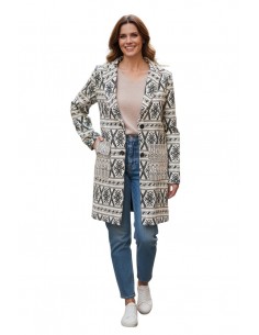 Palton Dama cu Motive Tradiționale Desigual – Bej cu Negru, Elegant și Călduros
