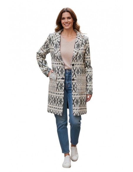 Palton Dama cu Motive Tradiționale Desigual – Bej cu Negru, Elegant și Călduros