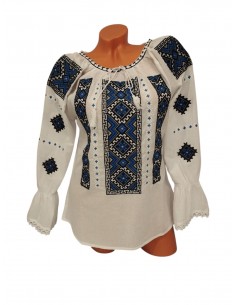 Ie Romaneasca Alba cu Broderie Albastra si Neagra – Model Traditional Elegant din Bumbac Natural 2