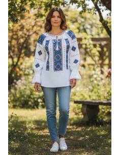 Ie Romaneasca Alba cu Broderie Albastra si Neagra – Model Traditional Elegant din Bumbac Natural