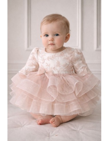 rochita botez fetita roz pudra eleganta tulle broderie fina