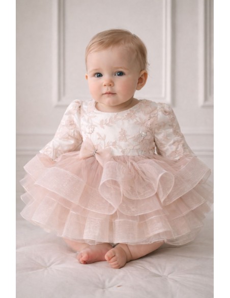 rochita botez fetita roz pudra eleganta tulle broderie fina