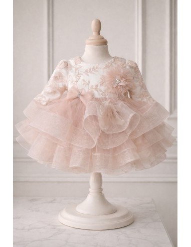 rochita botez fetita roz pudra eleganta tulle broderie fina
