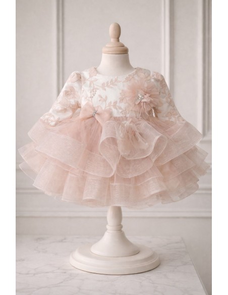 rochita botez fetita roz pudra eleganta tulle broderie fina