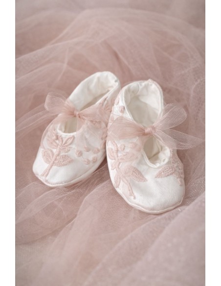 rochita botez fetita roz pudra eleganta tulle broderie fina