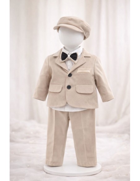 costum elegant botez baiat bej set complet sacou pantaloni papion si sapca