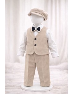 costum elegant botez baiat bej set complet sacou pantaloni papion si sapca 2