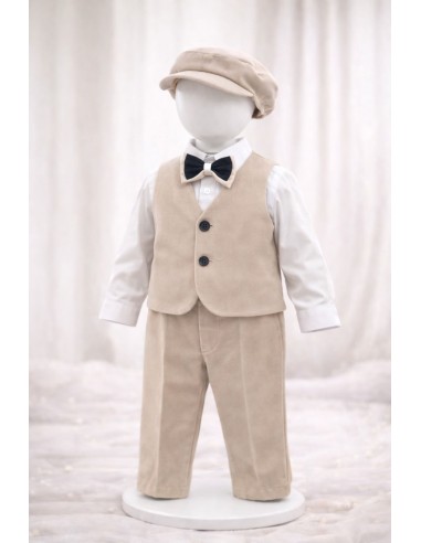 costum elegant botez baiat bej set complet sacou pantaloni papion si sapca