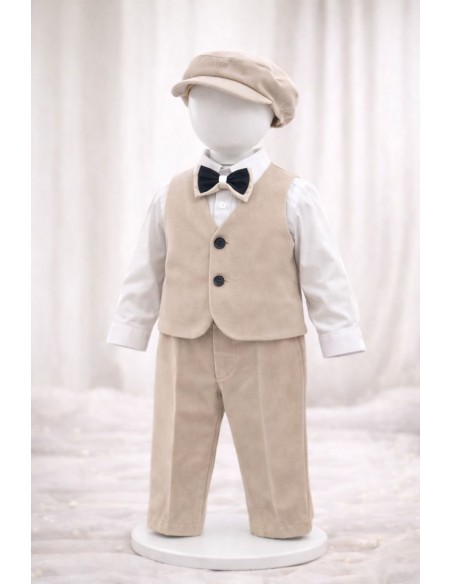 costum elegant botez baiat bej set complet sacou pantaloni papion si sapca