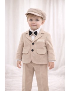 costum elegant botez baiat bej set complet sacou pantaloni papion si sapca