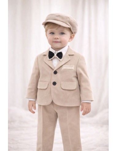 costum elegant botez baiat bej set complet sacou pantaloni papion si sapca