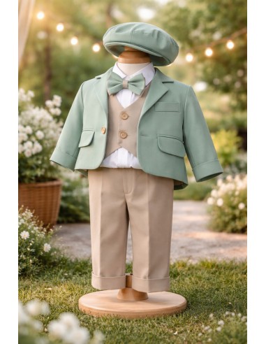 Costum elegant baieti verde pastel cu bej si sapca asortata