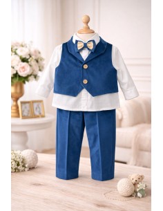 Costum elegant baieti albastru premium cu papion si camasa alba 2