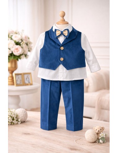 Costum elegant baieti albastru premium cu papion si camasa alba