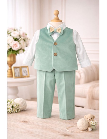 Costum elegant baieti verde menta premium cu papion si camasa alba