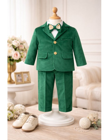Costum elegant baieti verde smarald premium cu papion si camasa alba