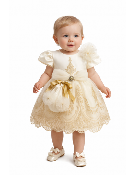 Rochita eleganta fetite crem cu broderie aurie si funda satinata set complet