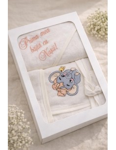 Set baie bebe in cutie cadou cu mesaj Prima mea baita cu Nasii si model elefant brodat