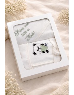 Set baie bebe unisex in cutie cadou alba cu mesaj Prima mea baita cu Nasii si model panda verde