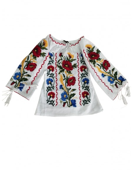 bluza traditionala fetite cu flori rosii si albastre ie copii eleganta