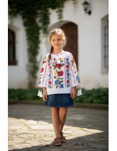 bluza traditionala fetite cu flori rosii si albastre ie copii eleganta 2