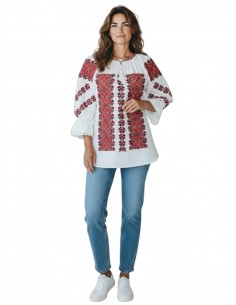 Ie dama traditionala alba cu broderie rosie si maneca...
