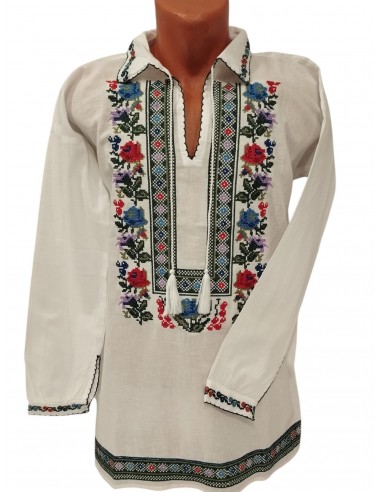 Camasa traditionala barbati alba cu broderie florala multicolora