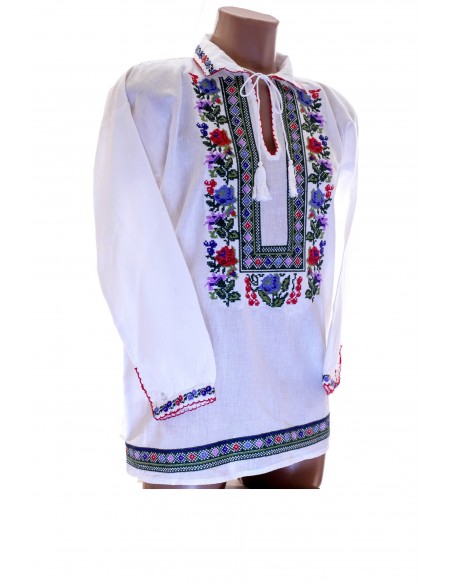 Camasa traditionala barbati alba cu broderie florala multicolora