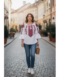 Ie dama alba cu broderie rosie traditionala si maneca trei sferturi 2