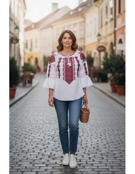 Ie dama alba cu broderie rosie traditionala si maneca trei sferturi