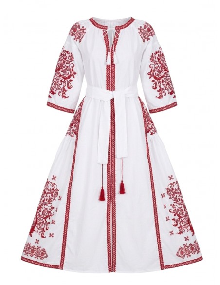 Rochie boho-chic alba cu broderie rosie funkymag