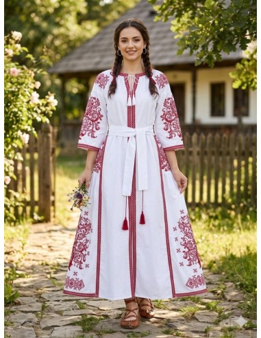 Rochie boho-chic alba cu broderie rosie funkymag