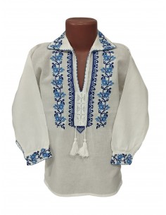Camasa traditionala baieti alba cu model floral albastru