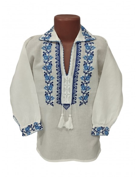 Camasa traditionala baieti alba cu model floral albastru