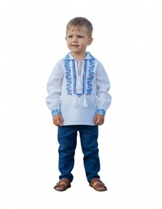 Camasa traditionala baieti alba cu model floral albastru 2