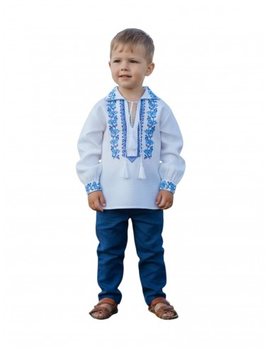 Camasa traditionala baieti alba cu model floral albastru